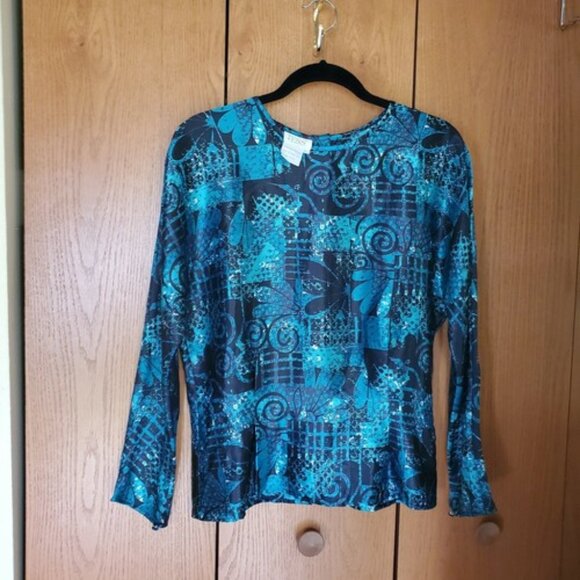 Tess Women's blouse buttons in back long sleeve Size 12 Aqua Blue& Black Beautif - Picture 8 of 10